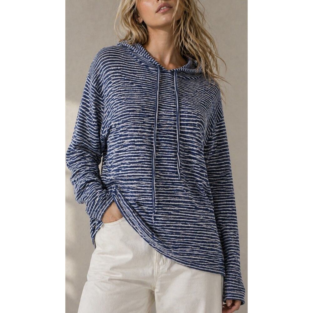 Scarlett Plus Size 2X Striped Hoodie Pullover Blue White Lightweight Sweater Top